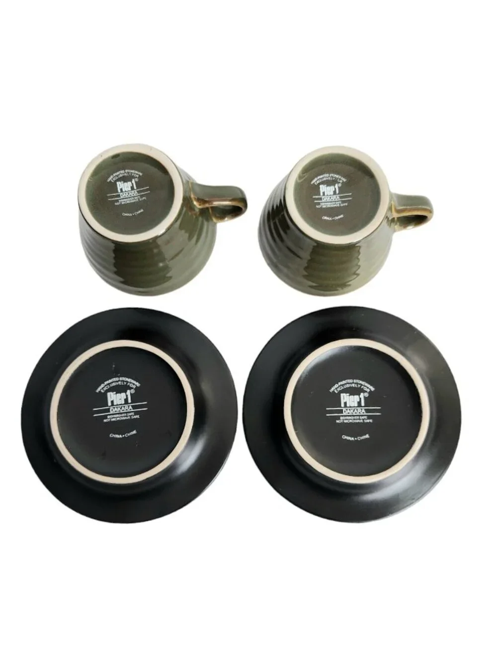 Set Of 2 Pier 1 DAKARA Tea Coffee Cup & Saucers Olive Green Black Interior Boho